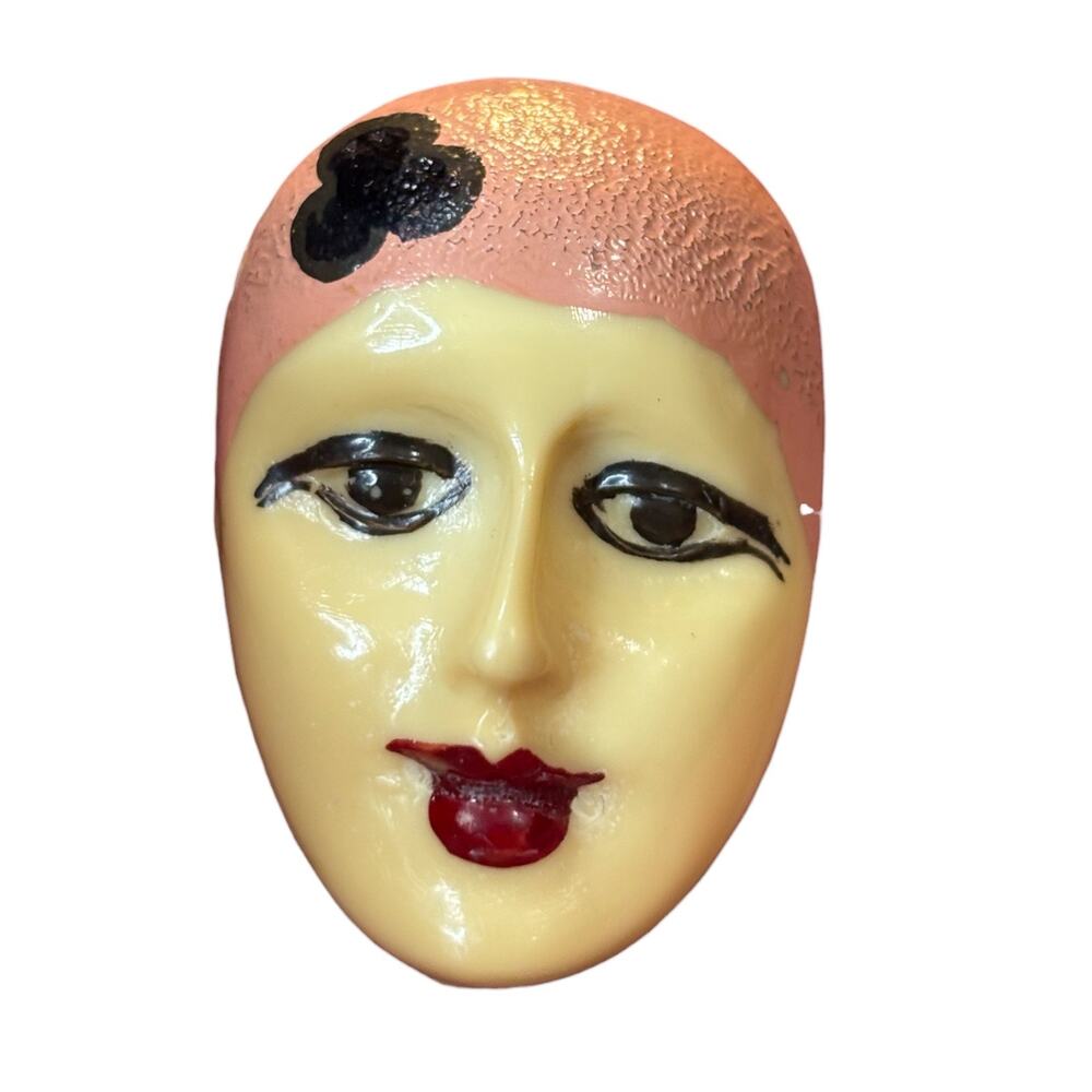 Vintage Woman Face Brooch Hand Painted Mod Style Retro Figural Pin Art